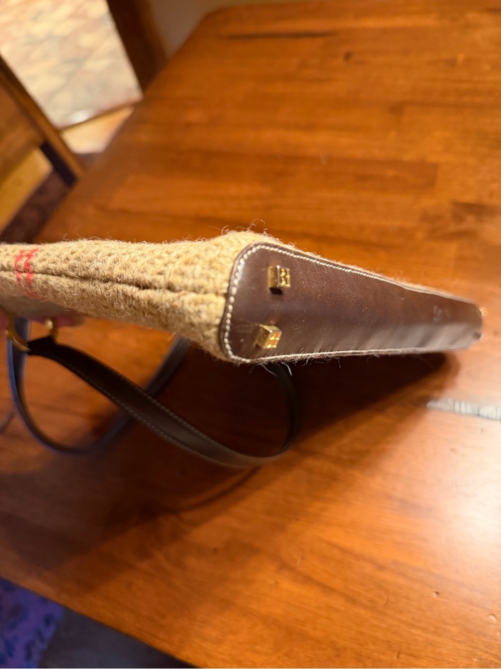 kate spade VINTAGE Made in Italy Beige Tweed Pink Plaid Suede Interior Gold Feet - Picture 6 of 14